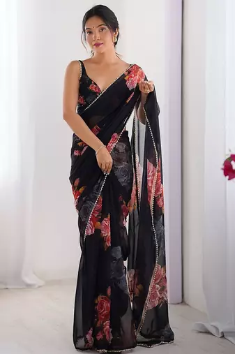 georgette printed saree with moti lace border