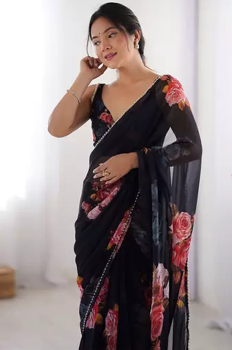 georgette printed saree with moti lace border