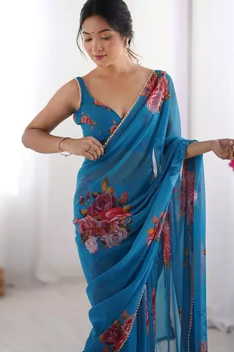 georgette printed saree with moti lace border
