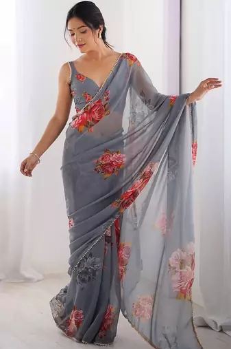 georgette printed saree with moti lace border