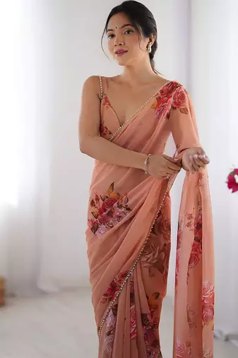 georgette printed saree with moti lace border