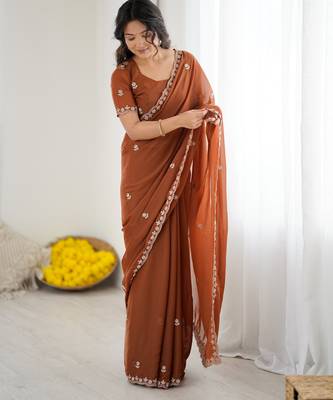 embellished star georgette embroidery work and moti work saree 1