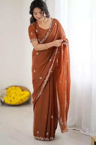 embellished star georgette embroidery work and moti work saree