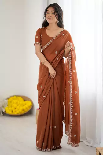 embellished star georgette embroidery work and moti work saree