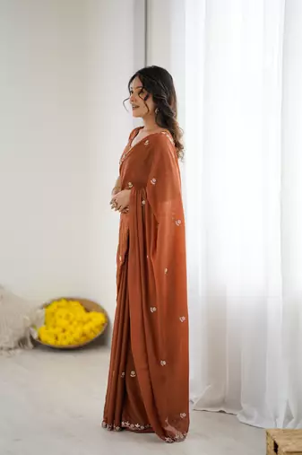embellished star georgette embroidery work and moti work saree