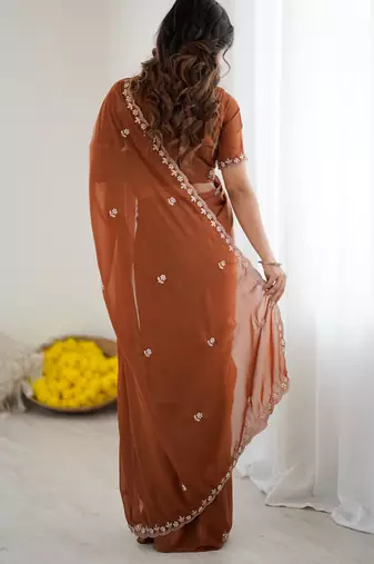 embellished star georgette embroidery work and moti work saree