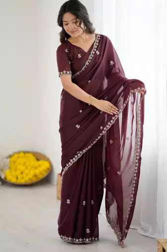 embellished star georgette embroidery work and moti work saree