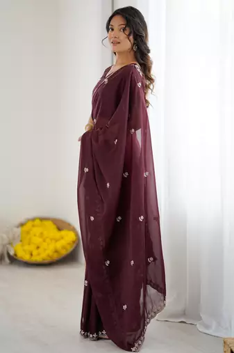 embellished star georgette embroidery work and moti work saree