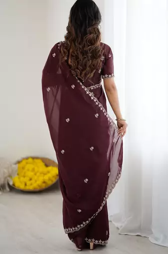 embellished star georgette embroidery work and moti work saree