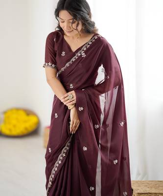 embellished star georgette embroidery work and moti work saree 6