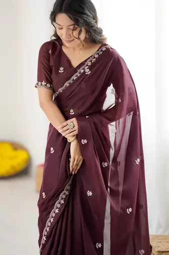 embellished star georgette embroidery work and moti work saree