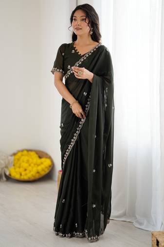 embellished star georgette embroidery work and moti work saree