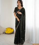 embellished star georgette embroidery work and moti work saree