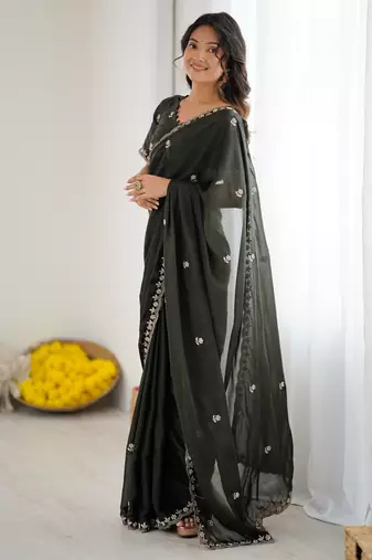 embellished star georgette embroidery work and moti work saree