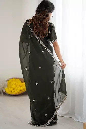 embellished star georgette embroidery work and moti work saree