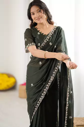embellished star georgette embroidery work and moti work saree