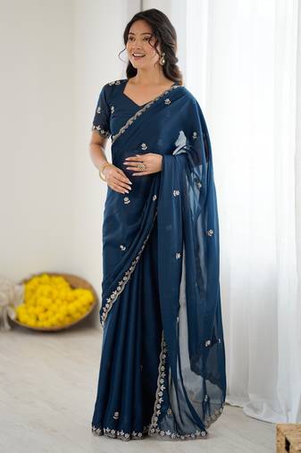 embellished star georgette embroidery work and moti work saree