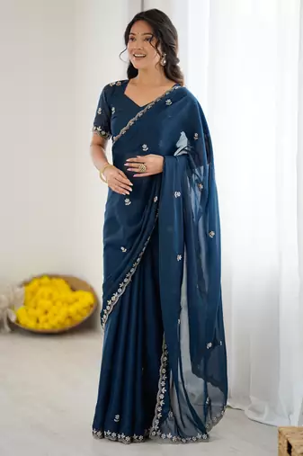 embellished star georgette embroidery work and moti work saree