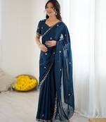 embellished star georgette embroidery work and moti work saree