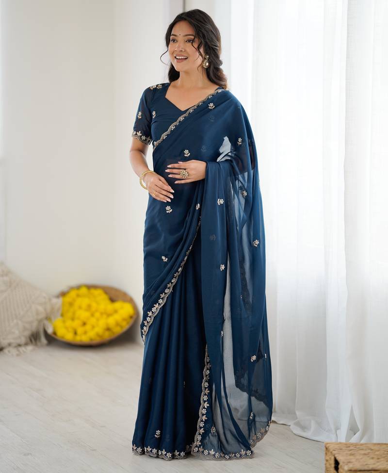 embellished star georgette embroidery work and moti work saree