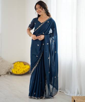 embellished star georgette embroidery work and moti work saree 3
