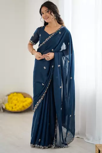 embellished star georgette embroidery work and moti work saree
