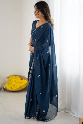 embellished star georgette embroidery work and moti work saree