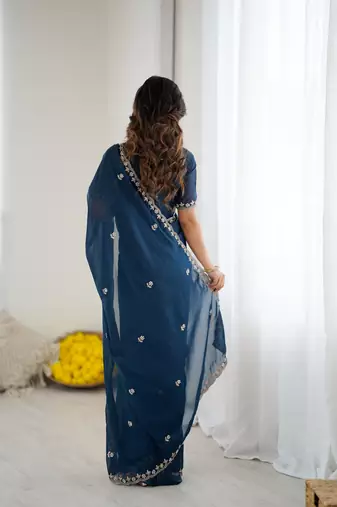 embellished star georgette embroidery work and moti work saree