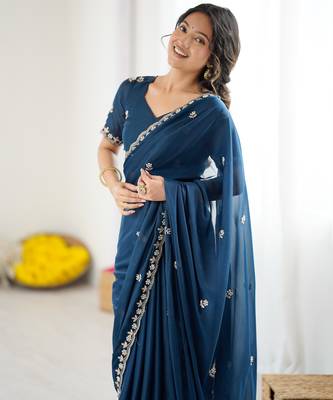 embellished star georgette embroidery work and moti work saree 6