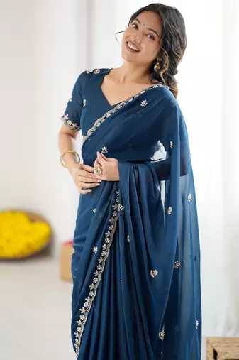 embellished star georgette embroidery work and moti work saree