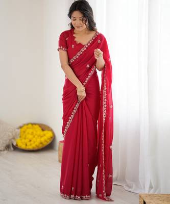 embellished star georgette embroidery work and moti work saree 1