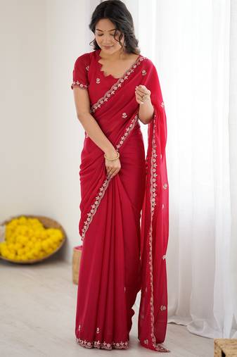 embellished star georgette embroidery work and moti work saree