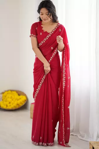 embellished star georgette embroidery work and moti work saree