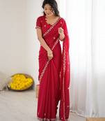 embellished star georgette embroidery work and moti work saree