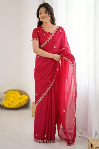 embellished star georgette embroidery work and moti work saree