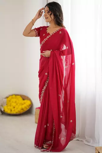 embellished star georgette embroidery work and moti work saree