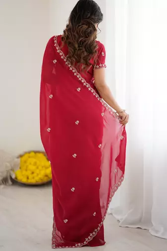 embellished star georgette embroidery work and moti work saree