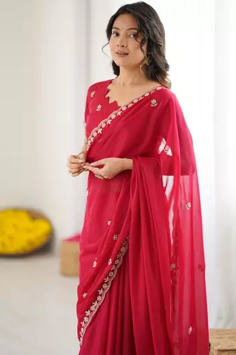 embellished star georgette embroidery work and moti work saree