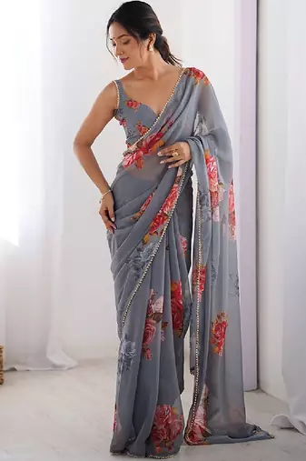 georgette printed saree with moti lace border