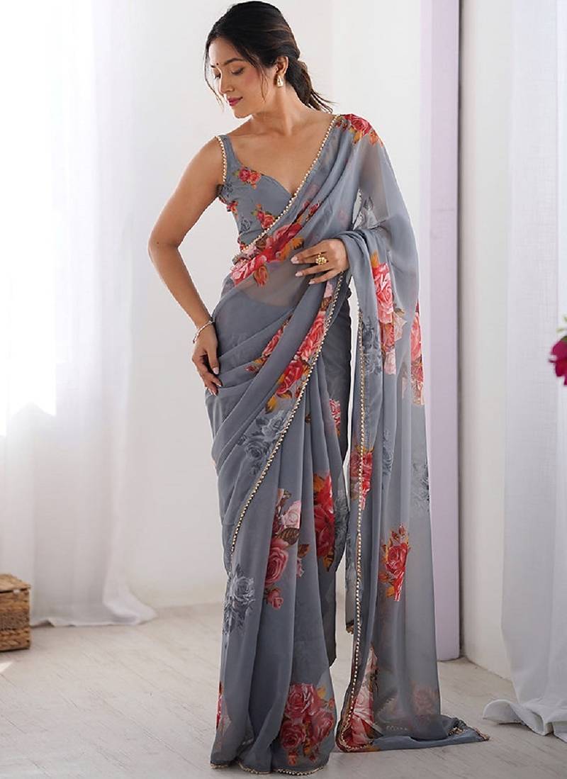 georgette printed saree with moti lace border