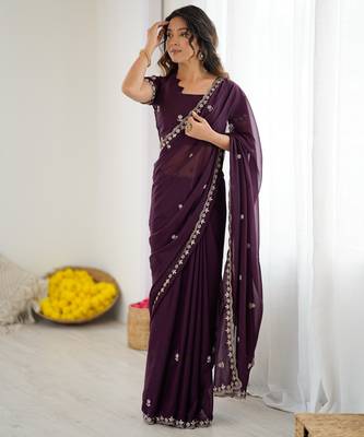 embellished star georgette embroidery work and moti work saree 1