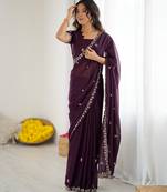 embellished star georgette embroidery work and moti work saree