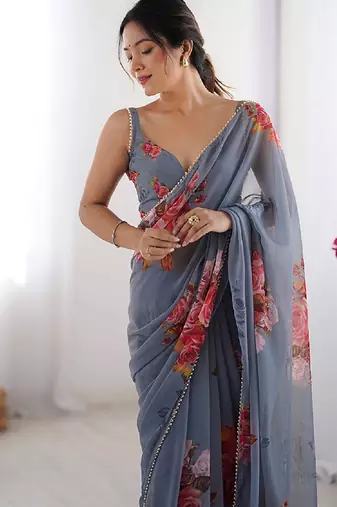 georgette printed saree with moti lace border