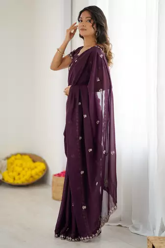 embellished star georgette embroidery work and moti work saree