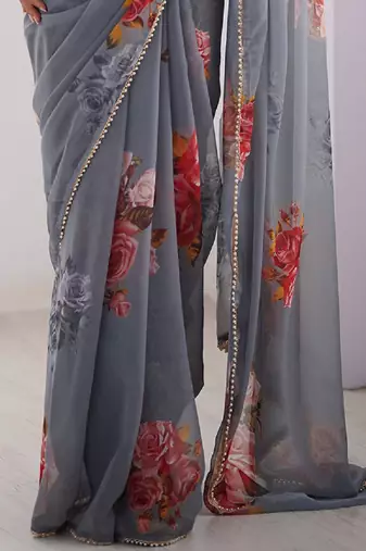 georgette printed saree with moti lace border