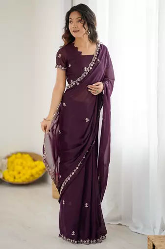 embellished star georgette embroidery work and moti work saree