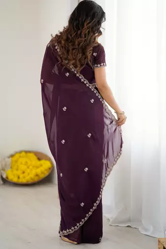 embellished star georgette embroidery work and moti work saree