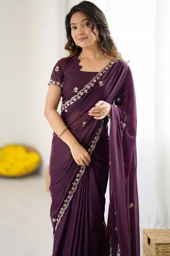 embellished star georgette embroidery work and moti work saree