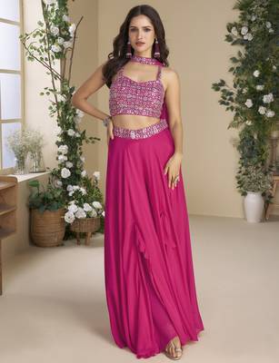 rani pink embroidered croptop palazzo suit set festive wear 1