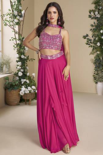 rani pink sequance embroidered croptop plazzo suit set festive wear